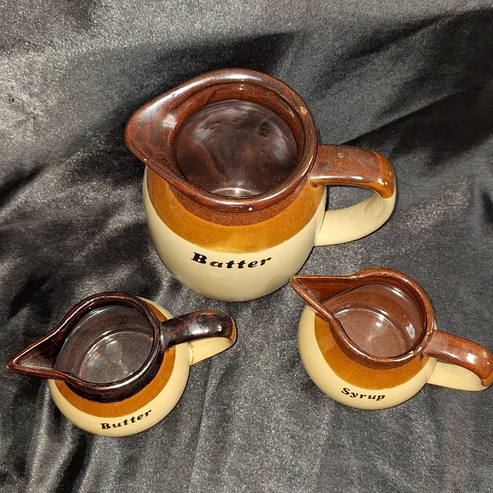 3 Pc. Vintage Glazed Ceramic Pottery~Pancake Pitcher Set~Retro Clayworks~MCM
